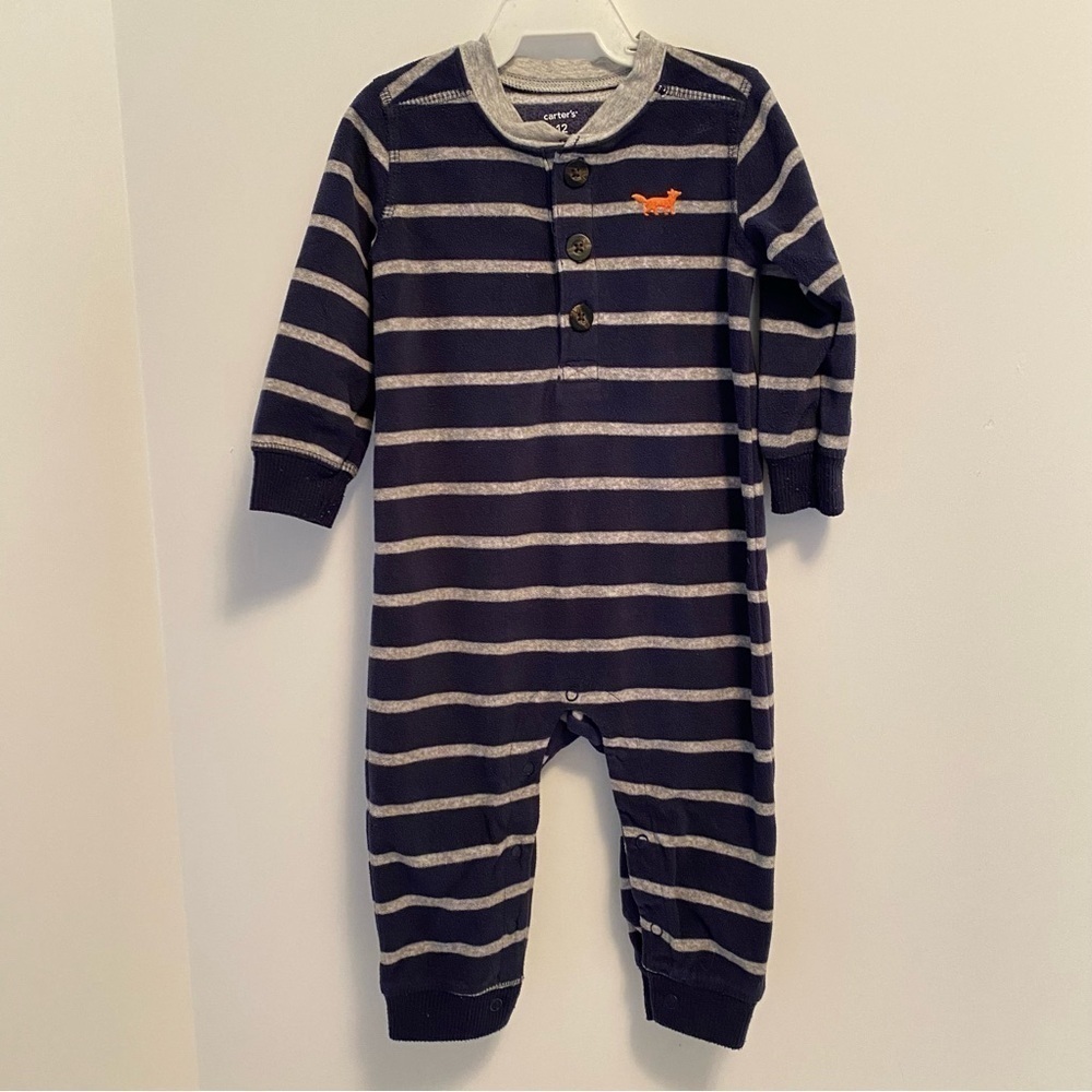 Carter's Baby Boys Henley Fleece PJs Navy/ Gray Stripe Size 12 Months